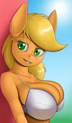 Size: 1001x1700 | Tagged: suggestive, artist:creatiffy, derpibooru import, applejack, anthro, big breasts, boob freckles, bra, breast overpour, breasts, bust, busty applejack, chest freckles, cleavage, clothes, female, freckles, image, looking at you, outdoors, png, shoulder freckles, solo, tight clothing, underwear