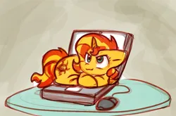 Size: 1124x744 | Tagged: safe, artist:zutcha, derpibooru import, sunset shimmer, pony, unicorn, behaving like a cat, computer, female, image, laptop computer, png, solo