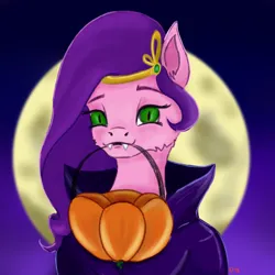 Size: 4134x4134 | Tagged: safe, artist:palettenight, derpibooru import, pipp petals, pegasus, pony, spoiler:g5, colored sketch, crown, fangs, g5, green eyes, halloween, holiday, image, jewelry, looking at you, moon, night, png, pumpkin, raincoat, regalia, sketch, smiling, solo, teeth