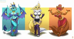 Size: 2261x1200 | Tagged: safe, artist:painterdreamer, derpibooru import, princess ember, anthro, cat, digitigrade anthro, dragon, renamon, accessories, bedroom eyes, belly button, belly dancer, belly dancer outfit, bikini, bikini top, breasts, busty princess ember, clothes, commission, crossover, digimon, digital art, dragoness, female, french maid, hand on hip, horn, image, jewelry, jpeg, lizard breasts, loincloth, maid, midriff, neck fluff, pose, sly cooper, socks, spread wings, stockings, swimsuit, thigh highs, thighs, trio, trio female, wide hips, wings