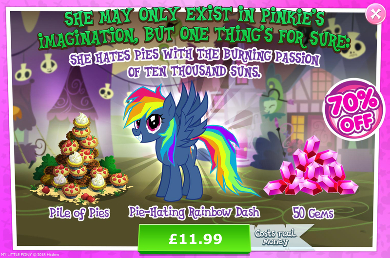 Size: 1961x1297 | Tagged: safe, derpibooru import, official, rainbow dash, pegasus, pony, secrets and pies, advertisement, costs real money, english, evil pie hater dash, fangs, female, food, gameloft, gem, image, jpeg, mare, numbers, pie, sale, solo, solo focus, spread wings, text, wings