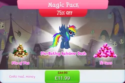 Size: 1272x852 | Tagged: safe, derpibooru import, official, rainbow dash, pegasus, pony, secrets and pies, bundle, costs real money, english, evil pie hater dash, fangs, female, food, gameloft, gem, image, jpeg, mare, numbers, pie, sale, solo, solo focus, spread wings, text, wings