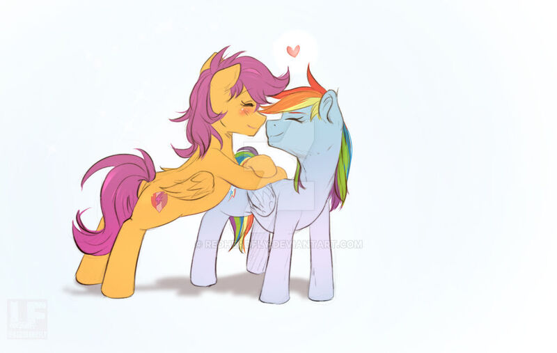 Size: 1024x649 | Tagged: safe, artist:redheadfly, derpibooru import, rainbow dash, scootaloo, pony, deviantart watermark, female, image, jpeg, lesbian, obtrusive watermark, scootadash, shipping, simple background, watermark, white background