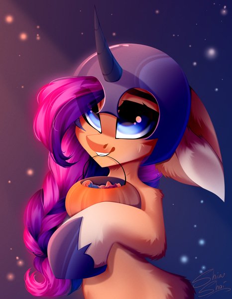 Size: 2717x3500 | Tagged: safe, artist:shinoshai, derpibooru import, nightmare moon, sunny starscout, earth pony, pony, mlp fim's twelfth anniversary, clothes, cosplay, costume, female, g5, helloween, image, jpeg, mare, mouth hold, nightmare moon armor, nightmare night costume, nightmare sunny, solo