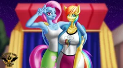 Size: 7680x4260 | Tagged: safe, artist:tsaritsaluna, derpibooru import, fluttershy, rainbow dash, anthro, pegasus, mlp fim's twelfth anniversary, alternate hairstyle, breasts, busty fluttershy, busty rainbow dash, clothes, clothes swap, cosplay, costume, duo, duo female, equestria girls outfit, female, grin, image, looking at you, mane swap, night, one eye closed, peace sign, png, role reversal, smiling, wink