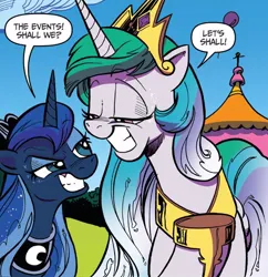 Size: 746x772 | Tagged: safe, artist:andypriceart, derpibooru import, idw, princess celestia, princess luna, alicorn, pony, friends forever, spoiler:comic, dialogue, duo, female, g4, grin, image, jpeg, mare, royal sisters, shit eating grin, siblings, sisters, smiling, speech bubble