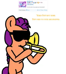 Size: 1275x1414 | Tagged: safe, artist:professorventurer, derpibooru import, sunny starscout, series:ask pippamena, bipedal, g5, image, png, solo, sunglasses, trombone, when mom isn't home