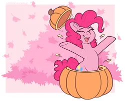 Size: 2550x2050 | Tagged: safe, artist:graphene, derpibooru import, part of a set, pinkie pie, earth pony, pony, cute, female, high res, image, leaves, mare, open mouth, png, pumpkin, smiling, solo