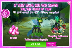 Size: 1962x1300 | Tagged: safe, derpibooru import, idw, official, queen chrysalis, changeling, changeling queen, advertisement, armor, bush, costs real money, english, female, gameloft, gem, horn, idw showified, image, insect wings, jpeg, mannequin, numbers, sale, shield, solo, solo focus, spread wings, text, wings