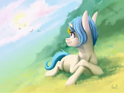 Size: 4000x3000 | Tagged: safe, artist:klarapl, derpibooru import, oc, oc:evertrue, unofficial characters only, pony, unicorn, broken horn, cloud, female, grass, happy, high res, horn, image, jpeg, lying down, mare, prone, smiling, solo, solo female, sun, unicorn oc