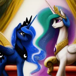 Size: 1024x1024 | Tagged: safe, derpibooru import, editor:dovakkins, machine learning generated, purplesmart.ai, stable diffusion, princess celestia, princess luna, alicorn, pony, beautiful, bust, crown, cute, female, g4, image, jewelry, looking at each other, looking at someone, mare, png, portrait, regalia, smiling