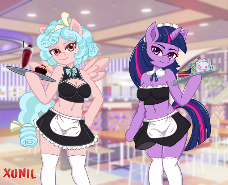 Size: 1328x1079 | Tagged: suggestive, artist:xunil763, derpibooru import, cozy glow, twilight sparkle, alicorn, anthro, belly button, big breasts, breasts, clothes, female, image, maid, png, socks, stockings, thigh highs