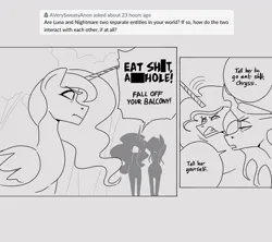 Size: 1125x1000 | Tagged: safe, artist:averysweatyboy, derpibooru import, nightmare moon, princess luna, queen chrysalis, alicorn, changeling, changeling queen, pony, censored, censored vulgarity, dialogue, female, grayscale, gritted teeth, image, jpeg, mare, missing accessory, monochrome, offended, open mouth, self paradox, speech bubble, teeth, tree, unamused