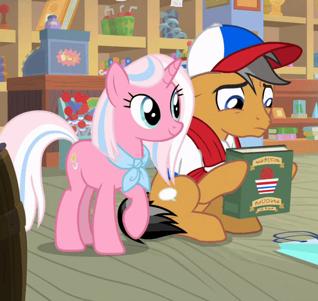 Size: 800x757 | Tagged: safe, derpibooru import, screencap, clear sky, quibble pants, earth pony, pegasus, pony, common ground, animated, baseball cap, book, cap, clothes, cropped, female, gif, hat, image, kissing, male, mare, nose wrinkle, nuzzling, quibblesky, shipping, shirt, stallion, straight, talking