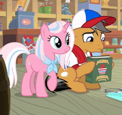 Size: 800x757 | Tagged: safe, derpibooru import, screencap, clear sky, quibble pants, earth pony, pegasus, pony, common ground, animated, baseball cap, book, cap, clothes, cropped, female, gif, hat, image, kissing, male, mare, nose wrinkle, nuzzling, quibblesky, shipping, shirt, stallion, straight, talking
