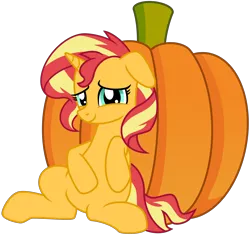 Size: 5206x4890 | Tagged: safe, artist:emeraldblast63, derpibooru import, sunset shimmer, pony, unicorn, bellyrubs, cute, full belly, hoof on belly, image, png, pumpkin