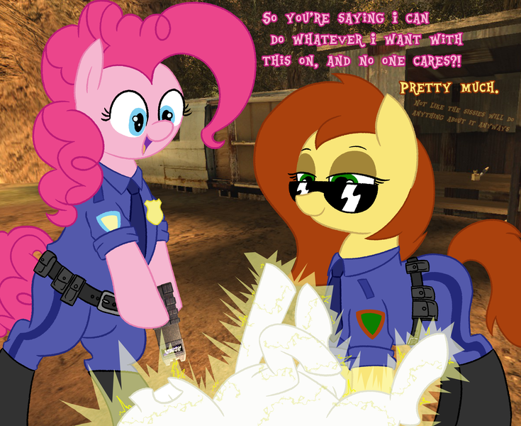 Size: 2443x1994 | Tagged: safe, artist:legendoflink, derpibooru import, pinkie pie, oc, oc:postal mare, pony, bipedal, clothes, duo, duo female, female, image, mare, png, police brutality, police officer, postal, postal 2, postal dude, shocking, sunglasses, taser