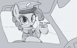 Size: 2743x1725 | Tagged: safe, artist:vultraz, derpibooru import, pinkie pie, earth pony, pony, bipedal, bipedal leaning, car, clothes, dialogue, female, hat, image, leaning, looking at you, mare, monochrome, necktie, open mouth, pinktober, png, police hat, police officer, police uniform, shirt, solo, talking, talking to viewer, text