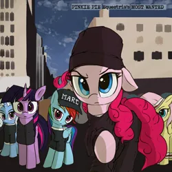 Size: 3000x3000 | Tagged: safe, artist:vultraz, derpibooru import, fluttershy, pinkie pie, rainbow dash, trixie, twilight sparkle, earth pony, pegasus, pony, unicorn, album cover, baseball cap, beanie, cap, clothes, female, floppy ears, folded wings, gangsta, hat, hip hop, image, looking at you, mare, pants, parody, pinktober, png, raised hoof, rap, shirt, sweatband, text, wings