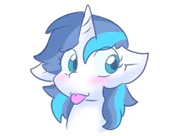 Size: 1128x868 | Tagged: safe, artist:zutcha, derpibooru import, rainbow dash, shining armor, pony, unicorn, blushing, bust, female, gleaming shield, image, png, rule 63, simple background, solo, tongue out, white background