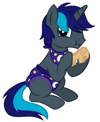 Size: 733x900 | Tagged: safe, artist:jennieoo, derpibooru import, oc, oc:nightward, pony, unicorn, bib, cookie, cute, diaper, eating, food, image, munching, patreon, patreon reward, png, show accurate, simple background, sketch, solo, transparent background, vector