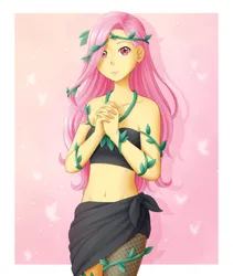 Size: 822x972 | Tagged: safe, artist:lizzystarie, derpibooru import, fluttershy, equestria girls, belly button, commission, female, hands together, image, ivy (plant), jpeg, looking at you, midriff, poison ivy, red eyes, solo
