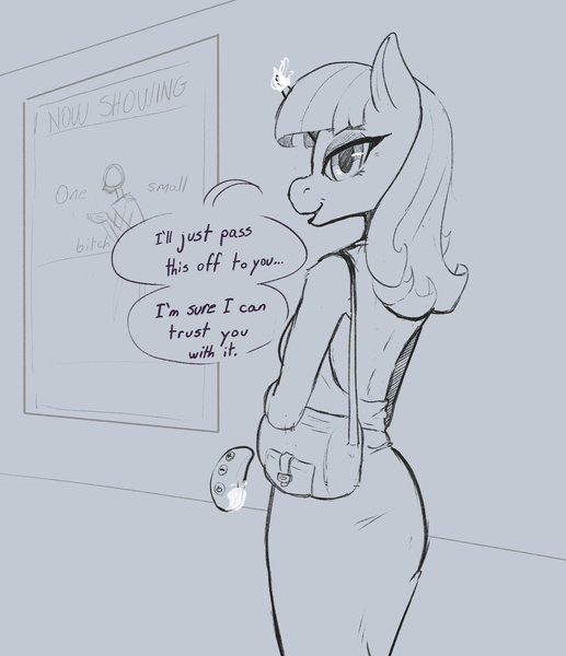 Size: 1300x1509 | Tagged: questionable, artist:storyteller, derpibooru import, twilight velvet, anthro, unicorn, clothes, dress, female, image, implied vibrator, looking at you, looking back, magic, makeup, png, purse, remote controlled vibrator, sex toy, sketch, talking to viewer, telekinesis, vibrator