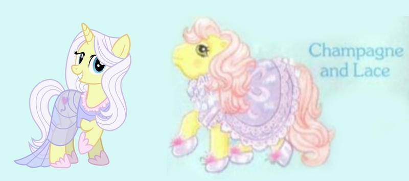 Size: 1500x664 | Tagged: safe, derpibooru import, lily lace, earth pony, pony, unicorn, clothes, comparison, dress, female, g1, g1 to g4, g4, generation leap, image, jpeg, look-alike, mare