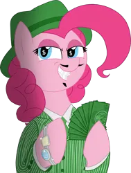 Size: 1890x2496 | Tagged: safe, artist:legendoflink, derpibooru import, pinkie pie, pony, bracelet, clothes, facial hair, female, gangster, hat, image, jewelry, mare, money, pinktober, pinstripes, png, simple background, solo, solo female, suit, transparent background, wingding eyes