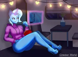 Size: 1280x945 | Tagged: suggestive, artist:creatorworld, derpibooru import, trixie, anthro, clothes, curvy, female, fetish, food, glow, glowing horn, high heels, horn, image, inside, internet, jacket, jpeg, latex, latex suit, levitation, magic, mobile phone, night, phone, platform heels, popcorn, rain, relaxing, rubber, rubber suit, shoes, smiling, solo, solo female, tablet, telekinesis, tight clothing, trixie's wagon, wagon