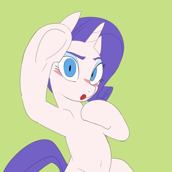 Size: 1250x1250 | Tagged: safe, artist:baigak, derpibooru import, rarity, pony, unicorn, belly button, blushing, female, green background, image, jpeg, looking at you, mare, no catchlights, simple background, solo, underhoof