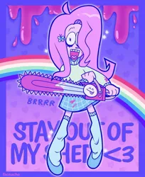 Size: 1080x1325 | Tagged: semi-grimdark, artist:_face.ache, artist:faceache, derpibooru import, fluttershy, human, .mov, shed.mov, blood, chainsaw, clothes, heart tongue, image, jpeg, rainbow, skirt, smiley face, socks, solo, stay out of my shed, sweater, sweatershy