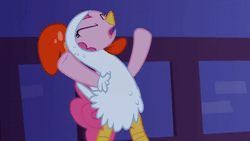 Size: 520x293 | Tagged: safe, derpibooru import, screencap, pinkie pie, earth pony, pony, luna eclipsed, animal costume, animated, chicken pie, chicken suit, clothes, costume, egg, gif, image, pinkie being pinkie
