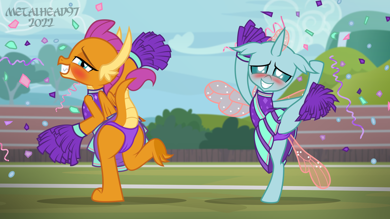 Size: 8000x4500 | Tagged: suggestive, artist:metalhead97, derpibooru import, ocellus, smolder, changeling, dragon, buckball season, ass, blushing, buckball field, butt, cheerleader, cheerleader outfit, clothes, commission, dragoness, female, field, grin, image, lidded eyes, looking at you, nervous, nervous grin, panties, panty shot, png, pom pom, public, raised hoof, raised leg, raised tail, skirt, skirt lift, skirt pull, smiling, smiling at you, spread legs, spread wings, spreading, tail, underwear, wings