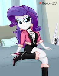 Size: 1023x1312 | Tagged: safe, artist:tabrony23, derpibooru import, rarity, equestria girls, beautiful, bed, bedroom eyes, boots, breasts, busty rarity, clothes, cosplay, costume, cute, dress, electric piano, female, high res, image, king of fighters, patreon, patreon logo, png, sexy, shermie (king of fighters), shoes, show accurate, signature, smiling, solo, solo female, stupid sexy rarity