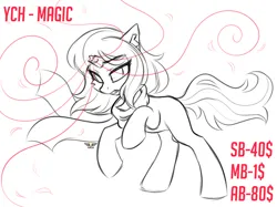 Size: 2500x1874 | Tagged: safe, artist:leah minik, derpibooru import, oc, pony, unicorn, advertisement, any gender, clothes, commission, eyebrows, eyebrows visible through hair, full body, grin, image, looking away, magic, magic aura, magic drain, png, rearing, scarf, smiling, solo, your character here