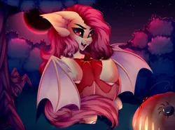 Size: 4500x3324 | Tagged: safe, artist:shinoshai, derpibooru import, fluttershy, bat pony, pony, spider, bat ponified, blood moon, flutterbat, halloween, holiday, image, moon, open mouth, open smile, png, pumpkin, race swap, red eyes, smiling, solo, stars, tree