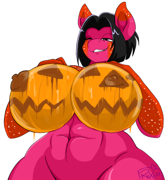 Size: 2724x2928 | Tagged: questionable, artist:imaranx, derpibooru import, oc, oc:sugar strike, unofficial characters only, anthro, earth pony, big breasts, bodypaint, breasts, commission, digital art, female, halloween, halloween 2022, holiday, huge breasts, image, low angle, nipples, nudity, paint on fur, png, simple background, solo, solo female, white background