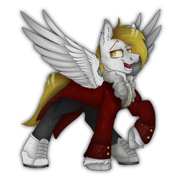 Size: 2300x2300 | Tagged: safe, alternate version, artist:molars, derpibooru import, oc, oc:golden stakes, unofficial characters only, pegasus, pony, fallout equestria, ashes town, clothes, coat, coattails, commission, image, piercing, png, raised hoof, short mane, spread wings, transparrent background, white fur, wings, yellow eyes, yellow mane