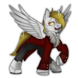 Size: 2300x2300 | Tagged: safe, alternate version, artist:molars, derpibooru import, oc, oc:golden stakes, unofficial characters only, pegasus, pony, fallout equestria, ashes town, clothes, coat, coattails, commission, image, piercing, png, raised hoof, short mane, spread wings, transparrent background, white fur, wings, yellow eyes, yellow mane