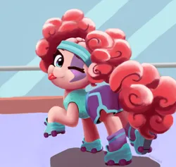 Size: 1900x1800 | Tagged: safe, artist:justgaduh, derpibooru import, pinkie pie, earth pony, pony, scare master, clothes, costume, cute, diapinkes, female, image, mare, nightmare night costume, one eye closed, pinkie puffs, png, roller skates, solo, tongue out, wink