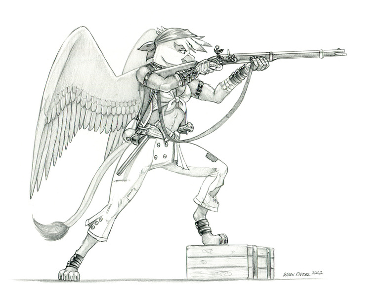 Size: 1500x1158 | Tagged: safe, artist:baron engel, derpibooru import, gilda, anthro, digitigrade anthro, gryphon, aiming, axe, bandana, bracer, breasts, busty gilda, cleavage, clothes, female, flintlock, frown, gun, image, jpeg, legs apart, monochrome, patch, pencil drawing, pirate, solo, spread wings, standing, story included, tied shirt, traditional art, vest, weapon, wings