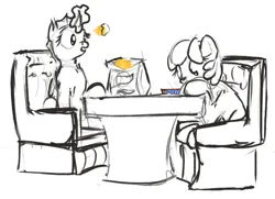 Size: 1500x1088 | Tagged: safe, artist:uteuk, derpibooru import, oc, oc:ivti, oc:natrix capefiv, unofficial characters only, changeling, earth pony, pony, armchair, chair, chips, eating, female, food, image, jpeg, magic, mare, simple background, sitting, snickers, table, telekinesis, white background