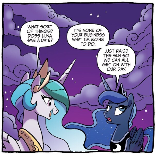 Size: 750x742 | Tagged: safe, artist:tonyfleecs, derpibooru import, idw, princess celestia, princess luna, alicorn, pony, nightmare knights, spoiler:comic, dialogue, duo, female, g4, image, jpeg, mare, royal sisters, siblings, sisters, speech bubble