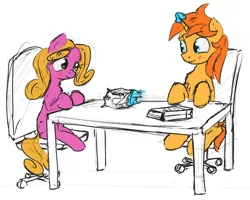 Size: 4080x3272 | Tagged: safe, artist:uteuk, derpibooru import, shady, oc, oc:sparkles vernon, earth pony, pony, unicorn, armchair, blushing, chair, chips, cute, eating, food, image, jpeg, looking at each other, looking at someone, magic, sitting, table, telekinesis