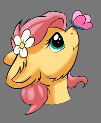 Size: 1024x1241 | Tagged: safe, artist:shaliwolf, derpibooru import, fluttershy, butterfly, insect, pegasus, bust, flower, flower in hair, image, jpeg, looking at something, portrait, simple background, solo