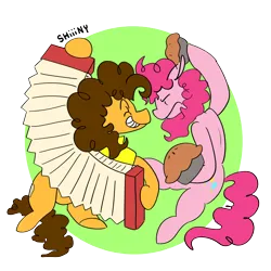 Size: 2000x2000 | Tagged: safe, artist:shiiiny, derpibooru import, cheese sandwich, pinkie pie, earth pony, pony, pinkie pride, accordion, cheesepie, clothes, duo, female, floppy ears, food, g4, green background, grin, image, male, musical instrument, partial background, pie, png, shipping, shirt, simple background, smiling, straight, transparent background