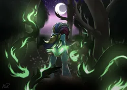 Size: 4093x2894 | Tagged: safe, artist:julunis14, derpibooru import, oc, unofficial characters only, earth pony, pony, commission, crescent moon, dark magic, earth pony oc, female, forest, glow, glowing eyes, high res, image, magic, mare, moon, night, night sky, png, signature, sky, solo, stars, thorn, tree, vine, walking