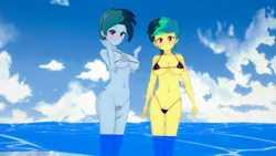 Size: 1920x1080 | Tagged: suggestive, artist:hornydogo, derpibooru import, oc, oc:apogee, oc:delta vee, equestria girls, 3d, beach, busty delta vee, image, jpeg, koikatsu