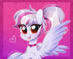 Size: 2436x2000 | Tagged: safe, artist:kaikururu, derpibooru import, oc, oc:windbreaker, unofficial characters only, pegasus, pony, choker, commission, cute, gradient background, heart, high res, image, looking at you, ocbetes, open mouth, open smile, pegasus oc, png, smiling, smiling at you, solo, spread wings, wings